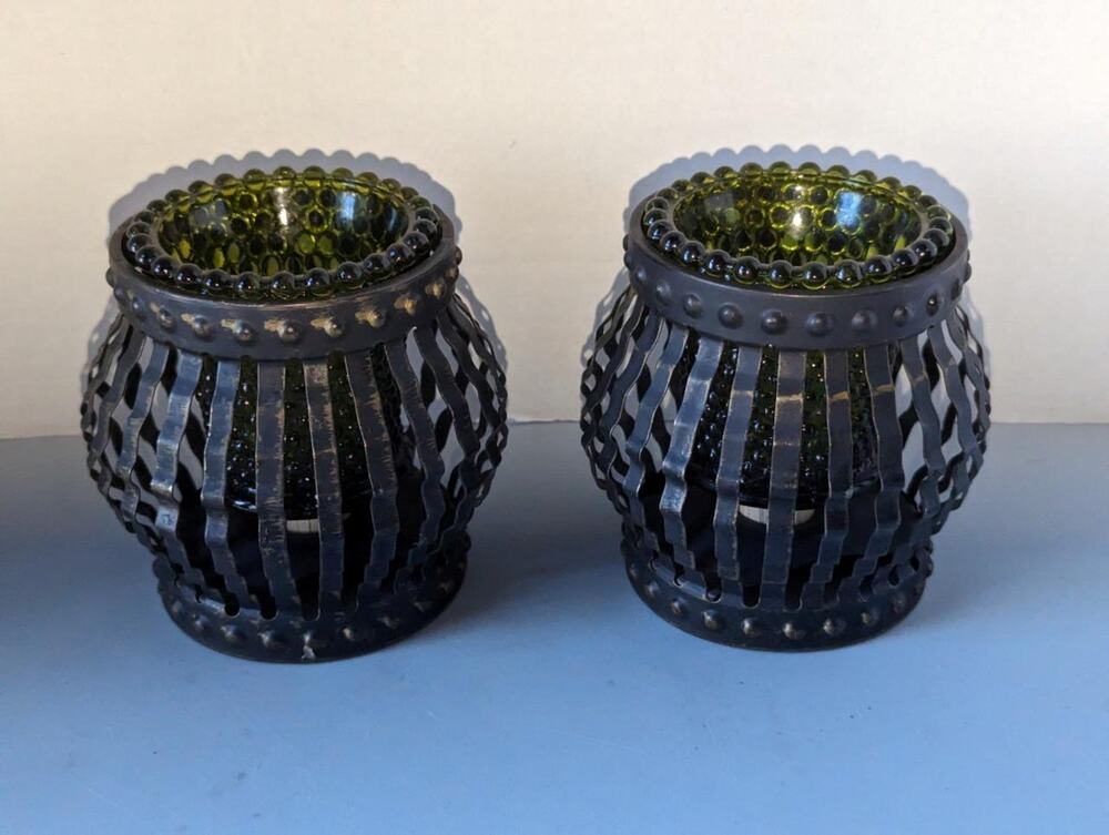 Vintage Black Metal Cage Candle Holder MCM Retro Green Hobnail -1123